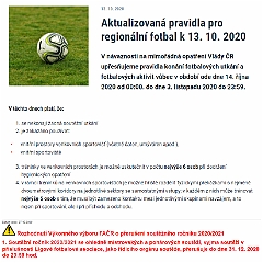 Aktualizovaná pravidla pro regionální fotbal k 13.10.2020